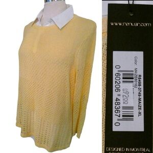 Women's Butter Yellow White Pullover Blouse collared Sz XL NWT academia pastel